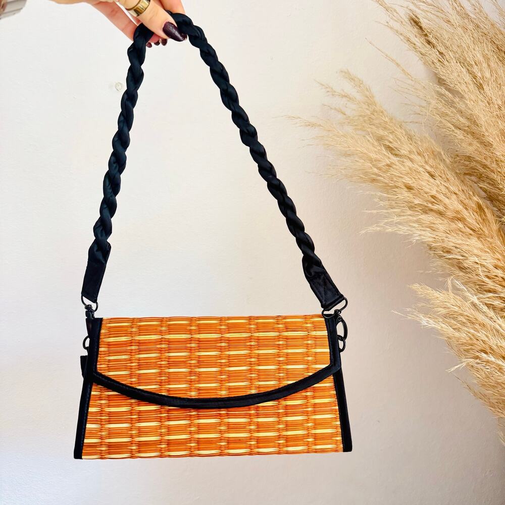 ANTHROPOLOGIE Brown Black Cream Tatami Woven Braid Thatched Shoulder Purse Bag